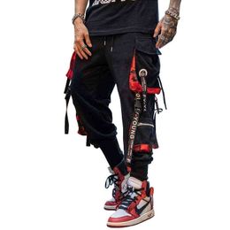 Joggers Cargo Pants for Men Casual Hip Hop Hit Colour Pocket Male Trousers Sweatpants Streetwear Ribbons Techwear Pants A20 H1223
