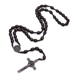 Necklace Catholic Pectoral Cross Dark Brown Beads Wooden Jesus Virgin Mary Christ Prayer Religious Jewelry Chains