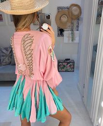 Autumn/Spring 100% Cotton Patchwork Embroidery Long Sleeve Women V-neck Mini Dress 210319