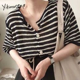 Yitimuceng Striped T Shirts Woman Summer Oversized Harajuku Tees Hollow Out Korean Fashion Tops Beige Black Knitted Shirts 210601