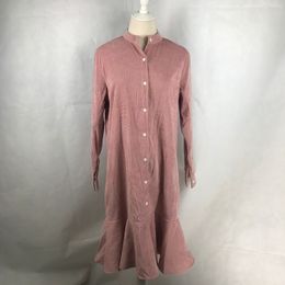 Pink Stand Collar Long Sleeve Loose Ruffle Solid Button Knee Length Dress Sheath Corduroy Autumn D0866 210514