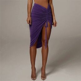 High Waist Lace Up Mini Skirts Ruched Drawstring Hip Sexy Tight Slit Skirt Club Wrinkled Irregular Orange Pary G1860 210621