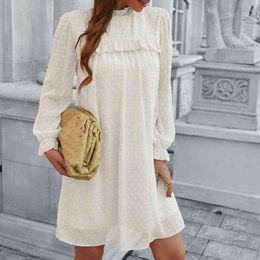 Fashion Half High Collar Solid Mini Dress Casual Long Sleeve Office Loose A-Line Dress Women Elegant Jacquard Ruffle Party Dress Y1204