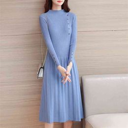 Autumn And Winter Models Half-high Collar Knit Dress A Word Pleated Skirt Female Long Slim Knee-length Sweater 210427
