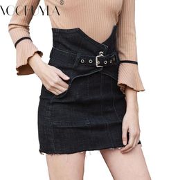 Skirts Voobuyla 2021 Sexy High Waist Belt Skinny Denim Casual Bodycon Stretch Mini Skirt Tassel Washed Pencil Jeans