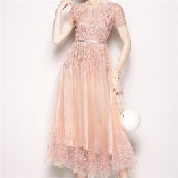 High Quality Mesh Embroidery Dress Women Korean Fashion Design A-line es Spring Chic Streetwear Long 210603