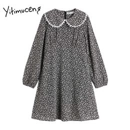 Yitimuceng Floral Pint Lace Up Loose Waist Dresses Women Peter Pan Collar A-Line Summer Korean Fashion Sweet Dress 210601