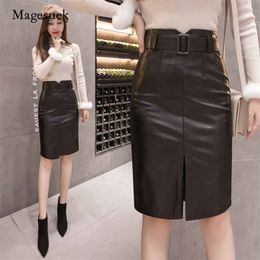Autumn Winter OL Elegant Pencil Mini Skirts High Waist Black PU Leather Knee-length A-Line with Belt Female 10760 210518