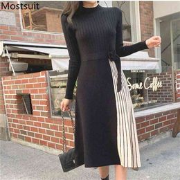 Color-blocked Knitted Women Long Dress Sleeve Stand Collar Pleated Dresses Korean Elegant Fashion Ladies Vestidos 210513