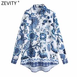 Zevity Women Vintage Blue and white porcelain Print Smock Blouse Office Ladies Casual Loose Shirts Chic Blusas Tops LS7706 210603