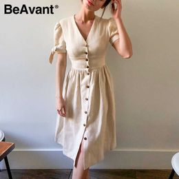 BeAvant vintage shorts sleeve women summer dress Elegant cotton high waist buttons v-neck casual dress ladies robe femme 210709