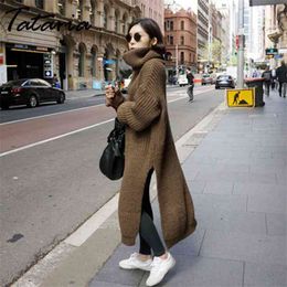 1 Turtleneck Women Split Long Sweater Dress Winter Warm Knitted Female Vintage Loose es Lady 210514