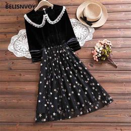 Lace beads Peter Pan Collar Girls Golden velvet Dresses Autumn Spring Fashion Sequined Stars Mesh Dress For Women Vestidos 210520