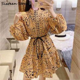 Spring Woman's Dress Yellow Vintage Runway Vestidos Lady Single-breasted Lantern Sleeve Dresses Female Lace Up Clothing 210603