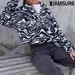 IAMSURE Animal Zebra Print Furry Casual Pullover Sweatshirt Women Warm Fashion Black White Zipper Hoodies 2020 Autumn Winter Y0820
