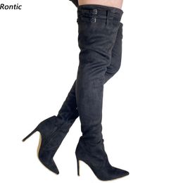 Rontic Handmade Women Winter Long Boots Faux Suede Side Zipper High Heels Pointed Toe Elegant Black Party Shoes US Size 5-15