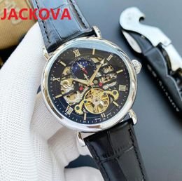 42mm Mechanical Hand Winding Tourbillon Mens Watch Steel Case Black Skeleton Dial Brown Leather Strap Sports Watches