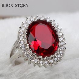 Cluster Rings BIJOX Storey Trendy 925 Sterling Silver Ring With Oval Shape Ruby Gemstone Jewellery For Women Wedding Promise Party Size 6-10