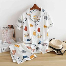100% cotton short-sleeved shorts ladies pajamas set cute cartoon Japanese simple short women home service 210830