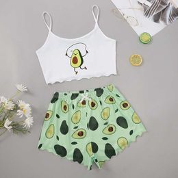 Qweek Avocado Print Pyjamas Spring Summer Women's Pyjamas Camisole Shorts Pijama Sets Female Sexy Sleevless Crop Vest Cotton Q0706