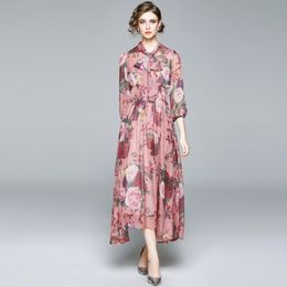 Runway Fall Chiffon Dress Women Bow Neck Three Quarter Sleeve Flower Print Pleated Long Dresses Plus Size Bohemian Floral Dress 210514