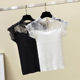 Design Sexy Lace Blouse Women Black and White Off Shoulder Top With collar Knitted Patchwork Ladies Tops XS