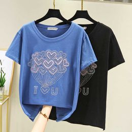 Harajuku Cotton T shirt Women Summer Short Sleeve Korea Style TShirt Tops Casual Letter Diamond Tee Shirt Femme 210604