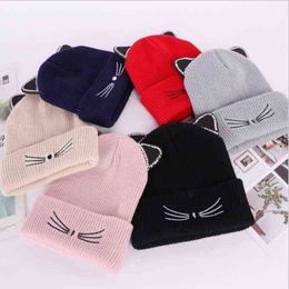 WZCX Cat Ears Embroidery Rhinestone Inlay Skullies Beanies Crimping Casual Unisex Korean Version Ski Cap Winter Hat Y21111