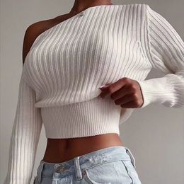 Autumm Sexy solid women one shoulder knitted sweater slim Long sleeve waistband Pullover party High street jumper winter 210514