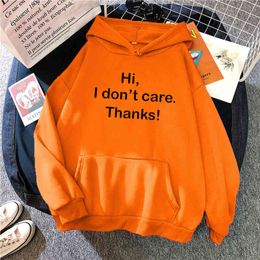 Hi, I Don't Cara, Thanks! Print Hoodies Man Loose Fleece Casual Hooded Sweatshirt Mens Comfortable Cartoons Anime Sweatshirts H1227
