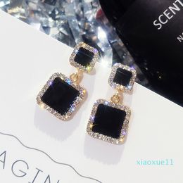luxury- Black Square Geometric Dangle Drop Earrings for Women Crystal Rhinestone Statement Wedding Earring Party Stud Jewellery