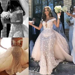 Arabia Saudi Full Lace Mermaid Wedding Dress With Detachable Train Sexy Off The Shoulder D Floral Bridal Gowns Charming Long Robe De Mariee