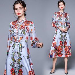 spring Fashion casual women Vintage Dress Long Sleeve stand Collar Flower Print Single breasted 210531