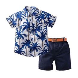 1-6Y Infant Baby Boys Summer Outfit Set Hawaiian Style Short Sleeve Button Down Shirt + Short Pants + Waist Band Suits 210326