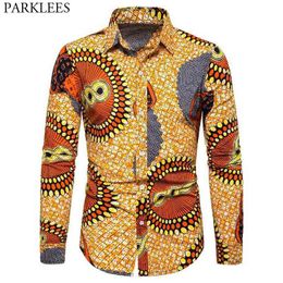 Mens African Print Dress Shirt Causal Button Down Dashiki Long Sleeve Shirt Men Riche African Tribal Clothing Chemise Homme 3XL 210522