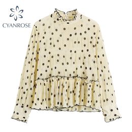 Korean Dot Print Vintage Elegant Blouses Tops Women Lantern Long Sleeve Mock Collar See Through Chiffon Shirts Or Blusas Female 210515