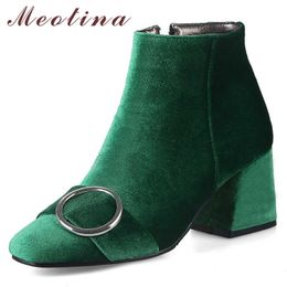 Meotina Women Boots Winter Ankle Boots Zipper Block High Heels Short Boots Buckle Square Toe Shoes Lady Autumn Large Size 33-46 210608