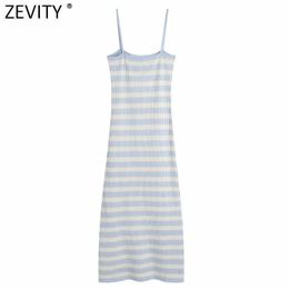 Zevity Women Fashion Striped Print Casual Slim Knitting Sling Dress Female Chic Summer Spaghetti Strap Vestido DS8283 210603