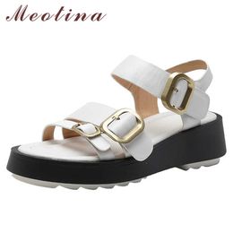 Meotina Shoes Women Natural Genuine Leather Sandals Flat Buckle Sandals Square Toe Cow Leather Ladies Footwear Summer Black 210608