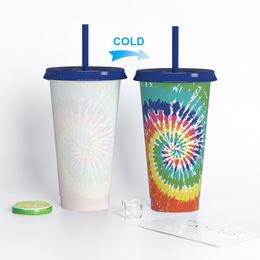 24OZ Colour Change Tumblers Plastic Drinking Juice Cup With Lip And Straw Magic Coffee Mug Colours changing pp cup