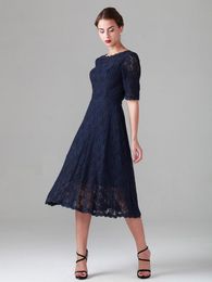 Navy Blue Tea-length Lace Mother of the Bride Dresses Vintage Half Long Sleeve Beach Bridesmaid Bridal Party Evening Gowns