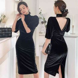 Autunno Inverno Stain Dress Corea Ladies Manica lunga Backless Black Sexy Party Abiti da festa per le donne Abbigliamento 210602