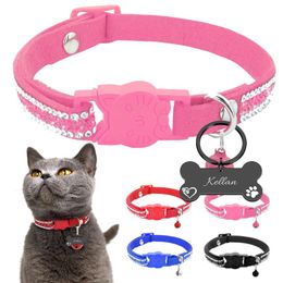 Cat Collars & Leads Personalised Rhinestone Leather Collar Safety Breakaway With Bell Free Engraving ID Tag For Puppy Kittens Necklace