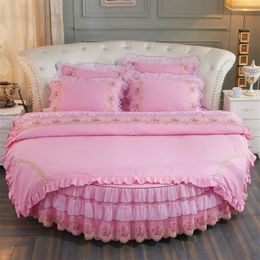 Bedding Sets 100% Cotton Round Bed 4 PCS Embroidery Tassels Lace Edge Pillowcase & Duvet Cover Fitted Sheet And Skirt 200cm 220cm