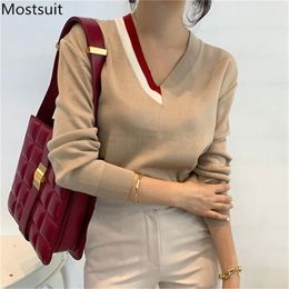 Color-blocked V-neck Knitted Pullovers Tops Women Spring Autumn Long Sleeve Korean Fashion Female Sweaters Jumpers Femme 210513