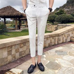 Spring Summer Men's Dress Pants Casual Slim Striped Suit Pants Formal Business Trousers Ankle Length Men Clothes 29-35 210527