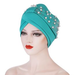 warm head scarf UK - Beanie Skull Caps HanXi Luxury Polyester Pearl Turban Hijabs Bonnet With Drill Rhinestone Women Muslim Wrap Head Scarf Warm Chemo Hat For La