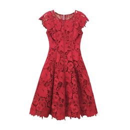 Women Red Lace Dress Solid Sleeveless Knee Length Floral Summer Hollow Out D1586fit And Flare 210514