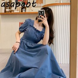 Gentle Vintage Korean Chic Square Neck Puff Sleeve Summer Slim High Waist Elegant Temperament Blue Dress Long Vestidos 210610