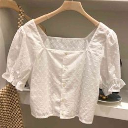 Summer Square Collar Short Blouse Womens Shirts Solid Short Sleeve White Camisas Mujer Korean Fashion Womens Crop Tops 210514